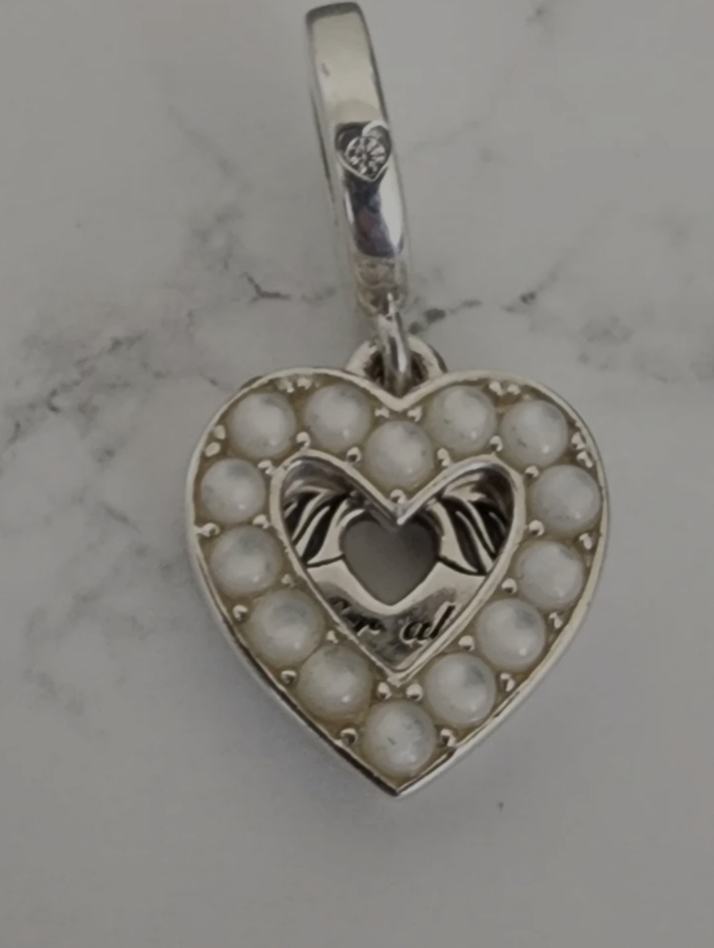 Authentic Pandora Pearlescent White Heart Double Dangle Charm